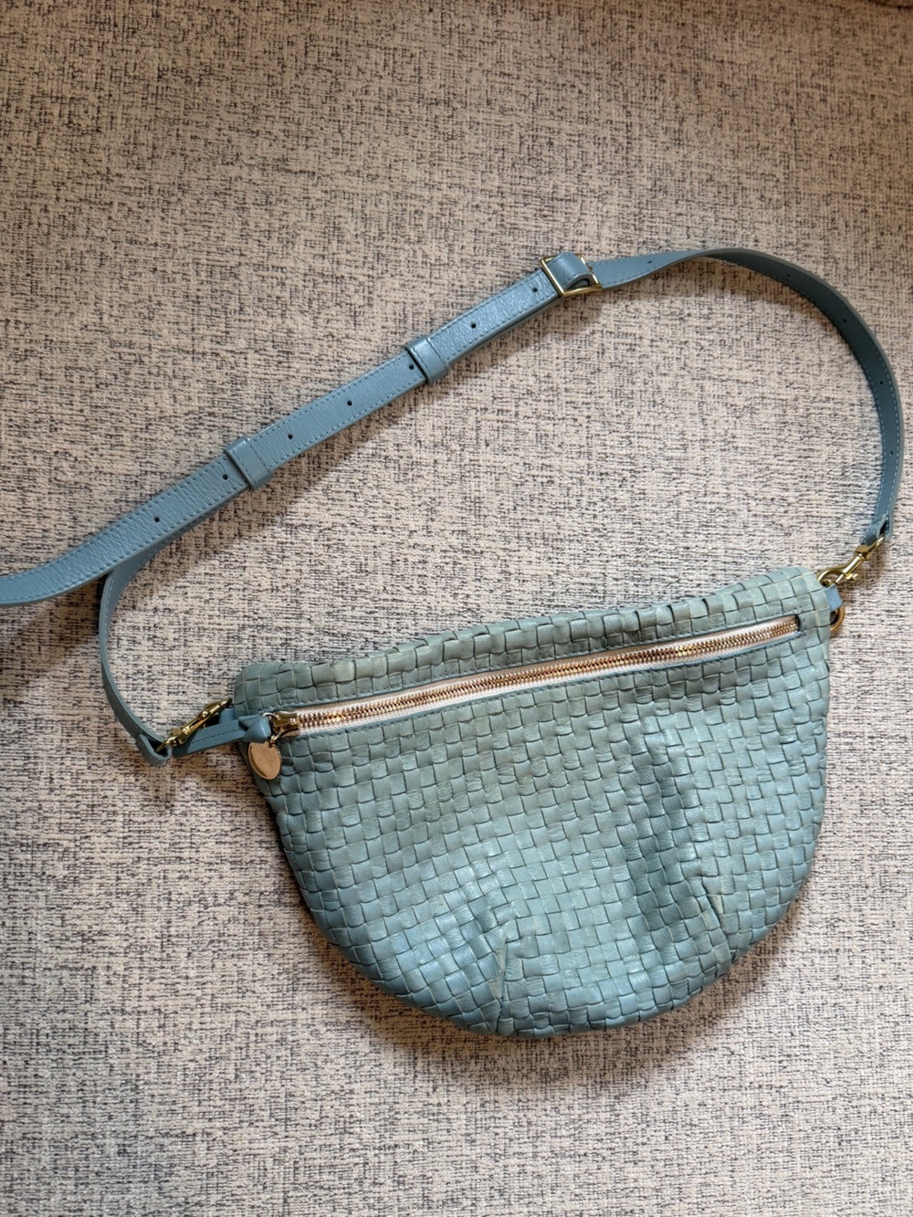 Clare V. Grande Fanny Woven Leather Crossbody Bag in Sage Blue
